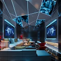 Elegant Modern KTV Interior With Blue Lighting Sofas Large Screens And Geometric Ceiling 3d model