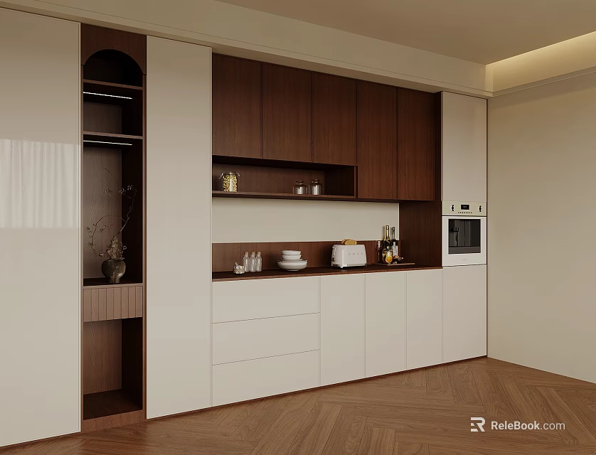 Modern Wooden Wine Cabinet In Kitchen With White Cabinets And Glassware 3d model 