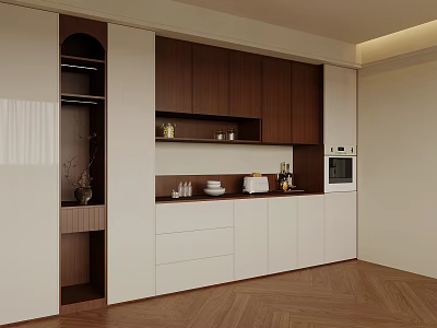 Modern Wooden Wine Cabinet In Kitchen With White Cabinets And Glassware 3d model