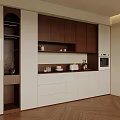 Modern Wooden Wine Cabinet In Kitchen With White Cabinets And Glassware