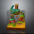 Green Whale in Transparent Cube with Small House on Back Colorful Fish and Orange Base
