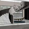 Modern Spiral Staircase Design With Marble Steps Glass Pendant Light In Entrance Hall Wooden Walls