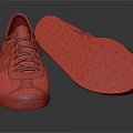 White Shoes With Blue And Red Stripes White Laces Brown Textured Sole With Grid Pattern