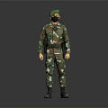 Military Figure In Camouflage Uniform With Green Beret Black Face Mask Standing On Gray Background