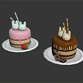 Pink and Brown Cakes with White Rabbit Decorations Striped Straws Strawberry and Chocolate