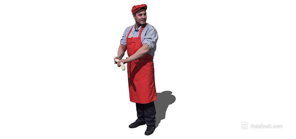 Man Wearing Red Apron And Red Hat Holding Dough In Hands 3d model 