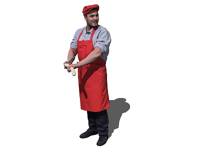 Man Wearing Red Apron And Red Hat Holding Dough In Hands 3d model