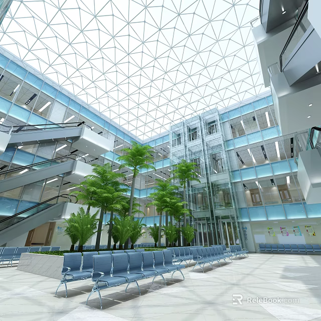 Modern Hall With Glass Dome Ceiling Multi Level Structure Escalators Palm Trees And Blue Seats 3d model 