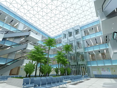 Modern Hall With Glass Dome Ceiling Multi Level Structure Escalators Palm Trees And Blue Seats 3d model