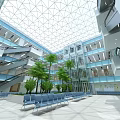 Modern Hall With Glass Dome Ceiling Multi Level Structure Escalators Palm Trees And Blue Seats 3d model