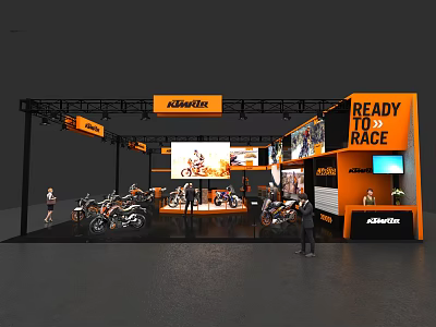 Kawasaki Motorcycle Exhibition Booth with Multiple Motorcycles Ready To Race Signage and Visitors Around 3d model