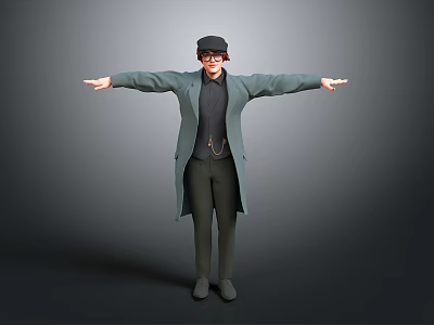 A Man Wearing Gray Long Coat Black Hat Glasses With Arms Outstretched Against Gray Background 3d model