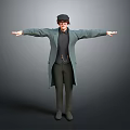 A Man Wearing Gray Long Coat Black Hat Glasses With Arms Outstretched Against Gray Background
