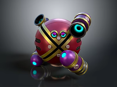 Red Mechanical Sphere Featuring Yellow Cross Straps Purple Gold Components And Glowing Blue Eyes 3d model