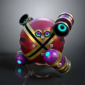Red Mechanical Sphere Featuring Yellow Cross Straps Purple Gold Components And Glowing Blue Eyes