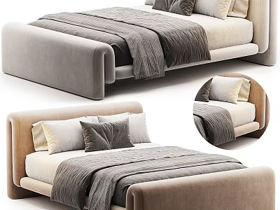 Modern Single Bed With Upholstered Headboard Beige Frame Soft Pillows And Gray Blanket 3d model