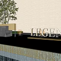 Modern Facade Entrance With LEGEND JUBILANT Golden Signage Gray Wall Trees And Waterfall
