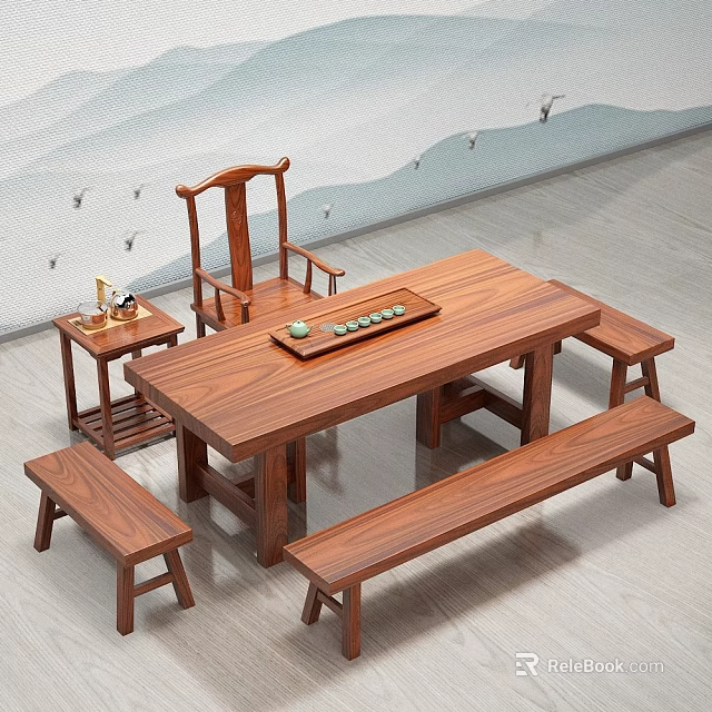 Traditional Chinese Solid Wood Tea Table and Chairs with Bench Side Table and Tea Set 3d model