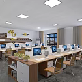 Modern Open Office Interior With Multiple Workstations Computers Bookshelves Green Plants And Windows 3d model