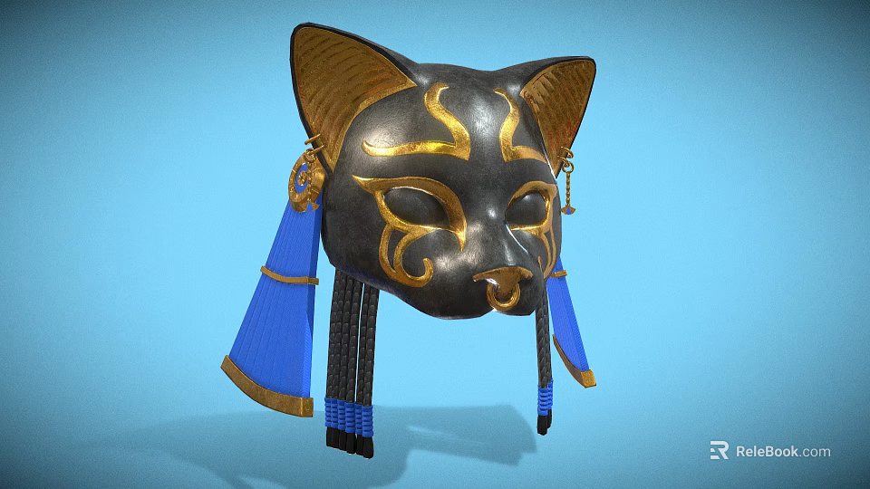 Ornate Ancient Egyptian Black Gold Cat Mask With Blue Tassel Accents 3d model 