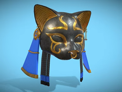 Ornate Ancient Egyptian Black Gold Cat Mask With Blue Tassel Accents 3d model