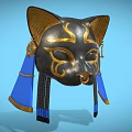 Ornate Ancient Egyptian Black Gold Cat Mask With Blue Tassel Accents