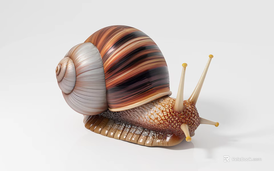 Close Up View Of Striped Shell Snail With Yellow Antennae And Textured Body 3d model 