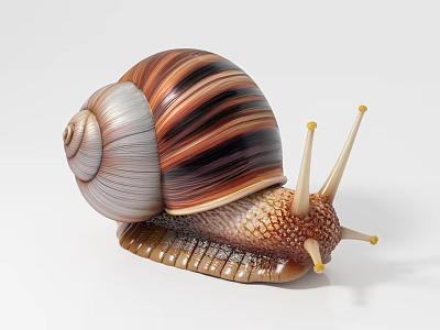 Close Up View Of Striped Shell Snail With Yellow Antennae And Textured Body 3d model
