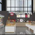 Coffee Shop Interior With Coffee Life Sign Large Windows Tall Buildings Counter Menu And Food