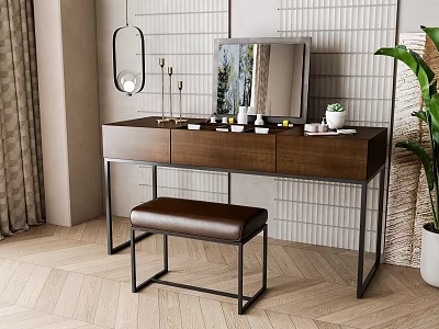 Modern Brown Dressing Table With Wooden Cabinet Stool Mirror And Potted Plant 3d model