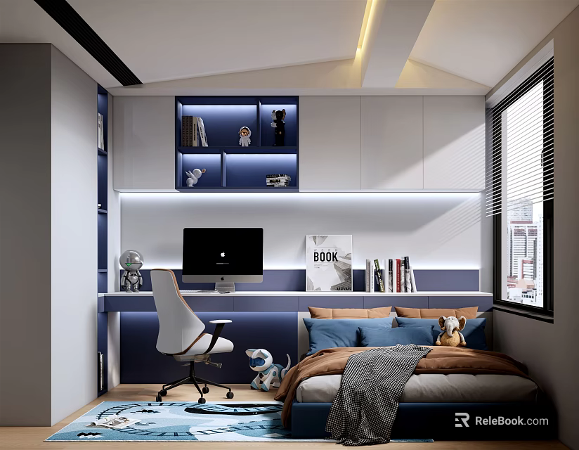 Modern Kids Room Interior Design With Study Desk Computer Shelves Bed And Rug 3d model 
