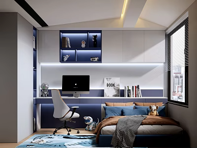 Modern Kids Room Interior Design With Study Desk Computer Shelves Bed And Rug 3d model