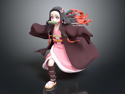Anime Girl 3D Model With Long Black Hair Pink Kimono Red Ribbons And Bamboo Muzzle 3d model