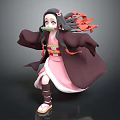 Anime Girl 3D Model With Long Black Hair Pink Kimono Red Ribbons And Bamboo Muzzle