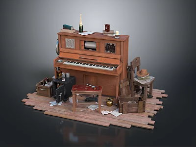 Vintage Wooden Furniture Collection With Piano Stool Chair And Crates On Planks 3d model