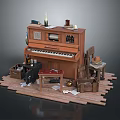 Vintage Wooden Furniture Collection With Piano Stool Chair And Crates On Planks