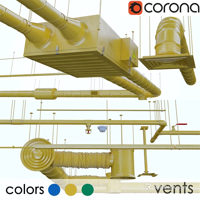 Industrial Style Decorative Ornament Set With Yellow Pipes Valves And Connecting Parts 3d model 