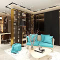 Contemporary Interior Space With Blue Sofa Light Chair Coffee Table Bookshelves And Plants