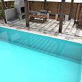 Outdoor Wooden Dining Furniture Set With Poolside Patio And Green Garden Plants