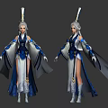 Game Movie Character In Blue White Robe With Decorative Headdress And Fantasy Style