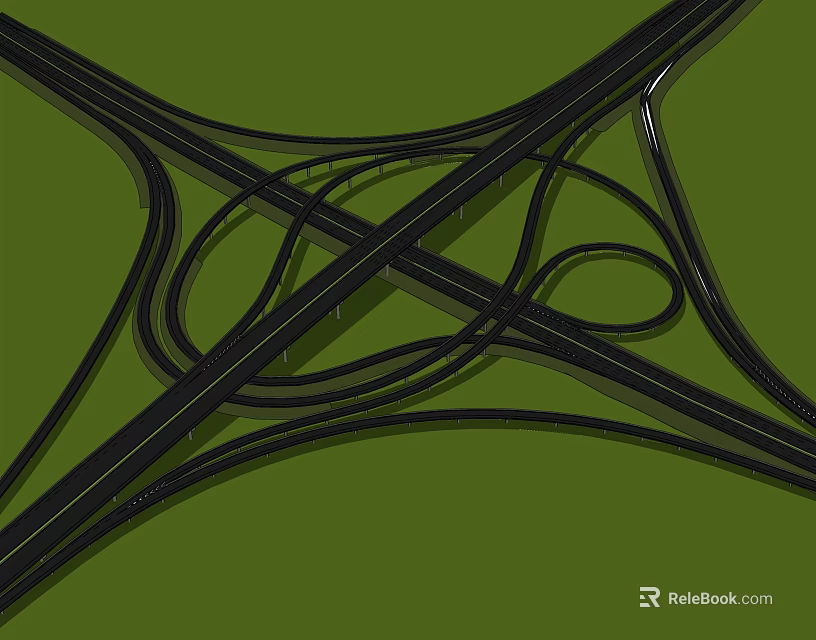 Complex Highway Interchange Structure With Black Roads On Green Background 3d model 