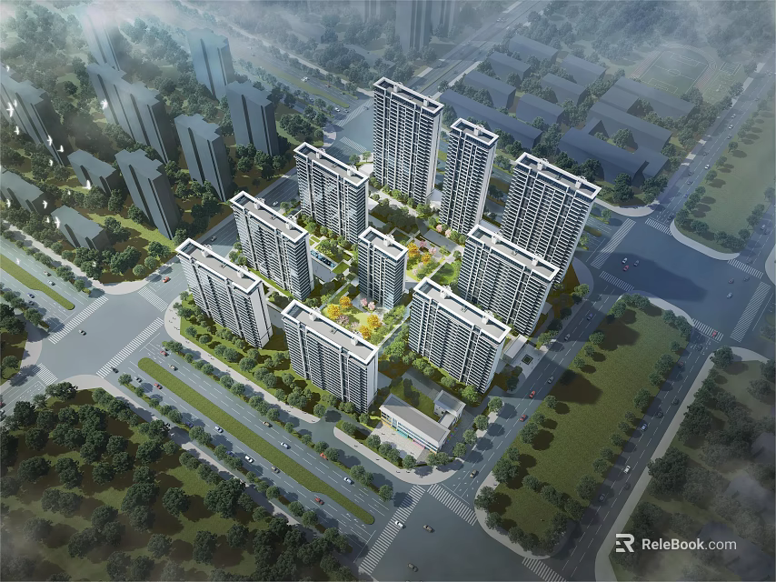 Modern High Rise Residential Complex With Greenery And Road Layout 3d model