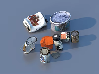 Old Household Items With Large Bucket Small Cans Orange Cloth Bag And Rolled Cloth 3d model