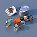 Old Household Items With Large Bucket Small Cans Orange Cloth Bag And Rolled Cloth