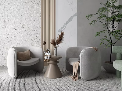 Modern Minimalist Casual Sofa Set With Gray Rounded Chairs Small Coffee Table And Green Plant 3d model