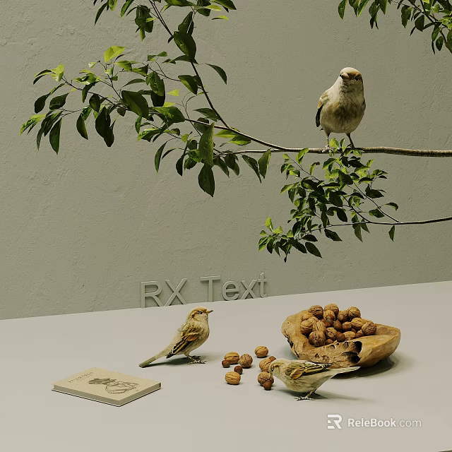 Small Birds Perched on Tree Branch With Green Leaves Near Walnuts and Book on Table 3d model 