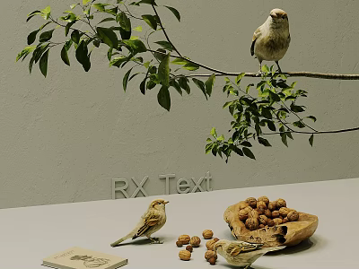 Small Birds Perched on Tree Branch With Green Leaves Near Walnuts and Book on Table 3d model