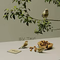 Small Birds Perched on Tree Branch With Green Leaves Near Walnuts and Book on Table