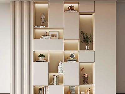 Modern Bookcase With Open Shelves Books Decorative Items Potted Plants And LED Lighting 3d model
