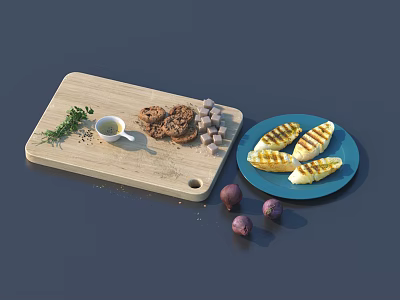 Wooden Cutting Board with Herbs Meat Pieces Cubed Cheese and Grilled Vegetables on Blue Plate 3d model